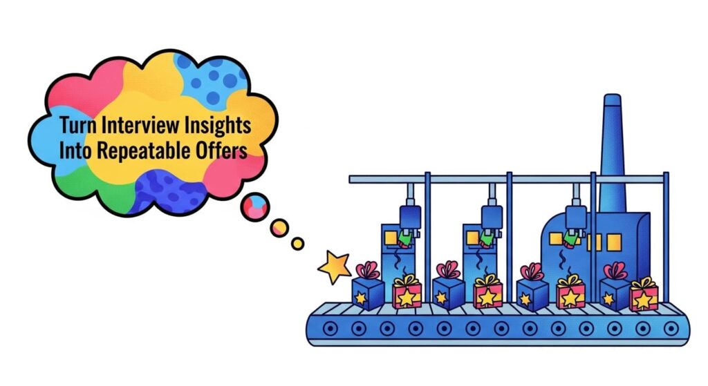 A repeatable offer is a small product and service bundle that maps to one clear job. Interviews give you the parts. Package them so buyers can say yes fast and your team can deliver without heroics.